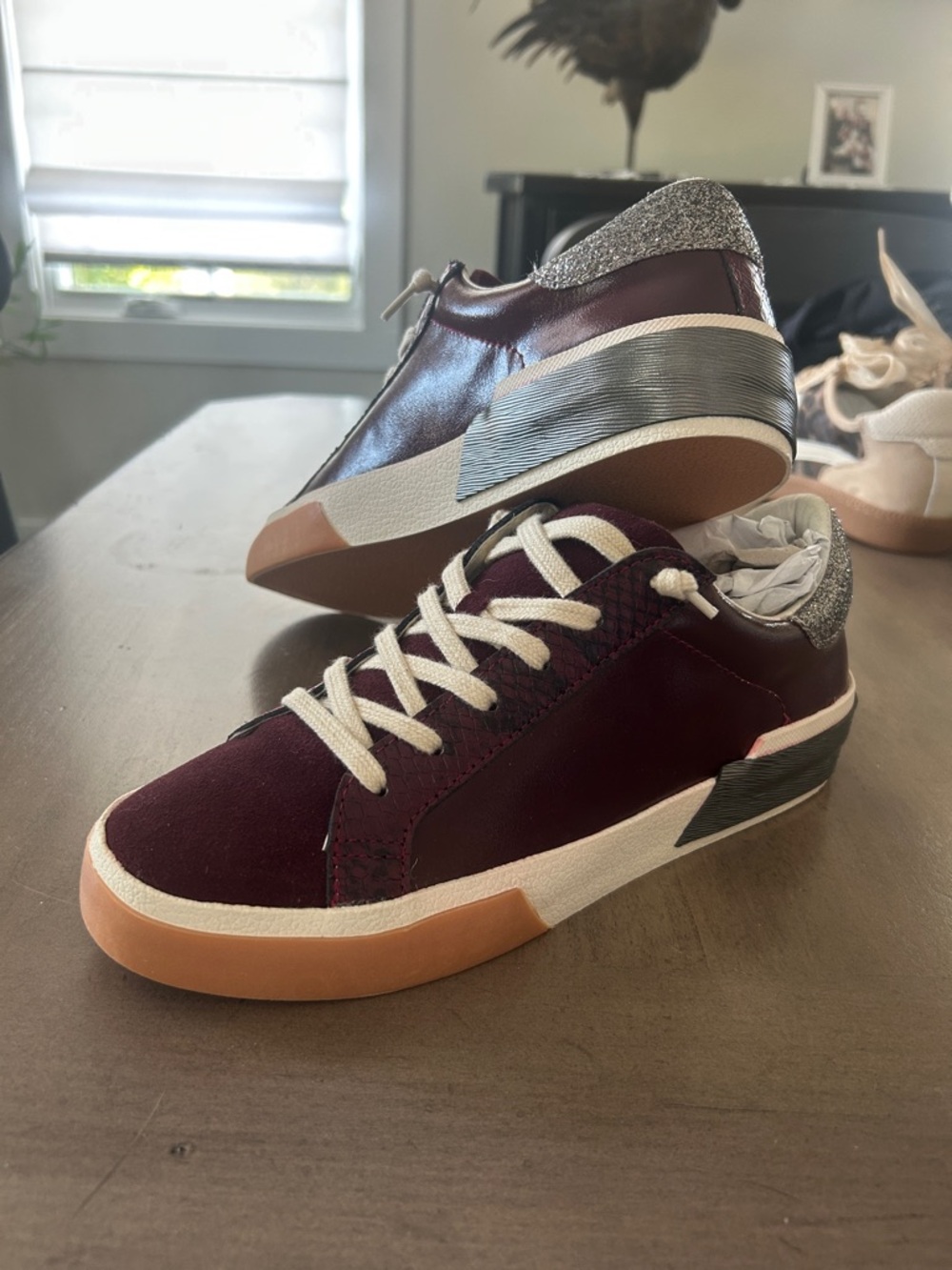 Women’s Burgundy Low-Top Sneakers with Glitter Heel